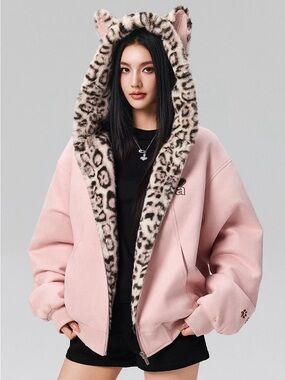 Pink Bomber Jacket with Leopard Faux-Fur Hood